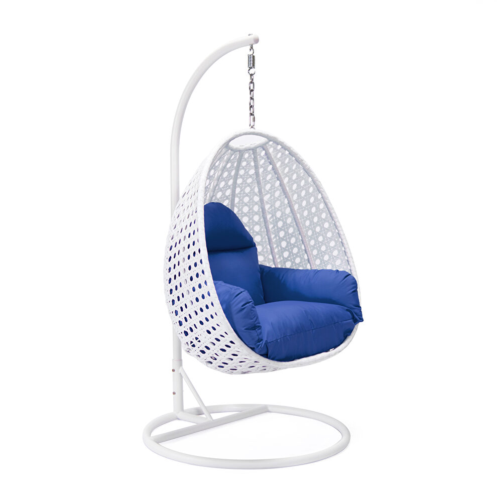 Blue cushion and white wicker hanging egg swing chair by Leisure Mod