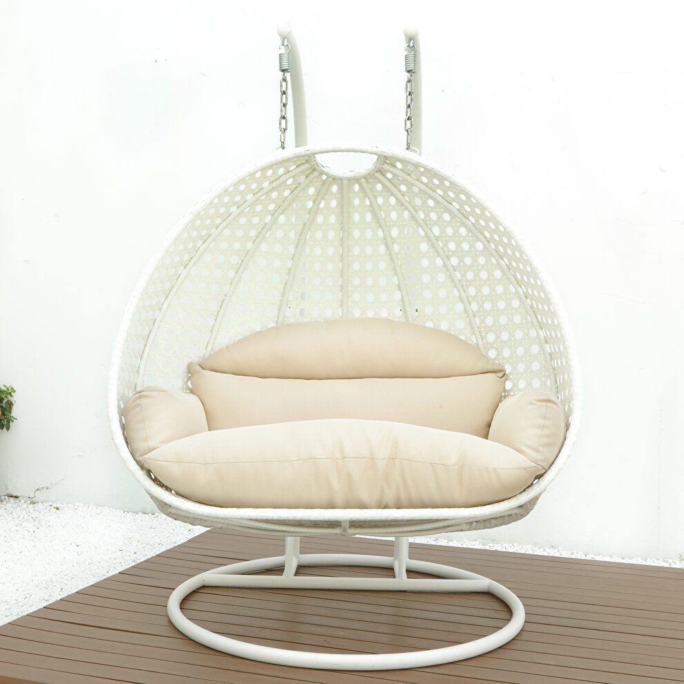 Beige wicker hanging double seater egg swing modern chair by Leisure Mod