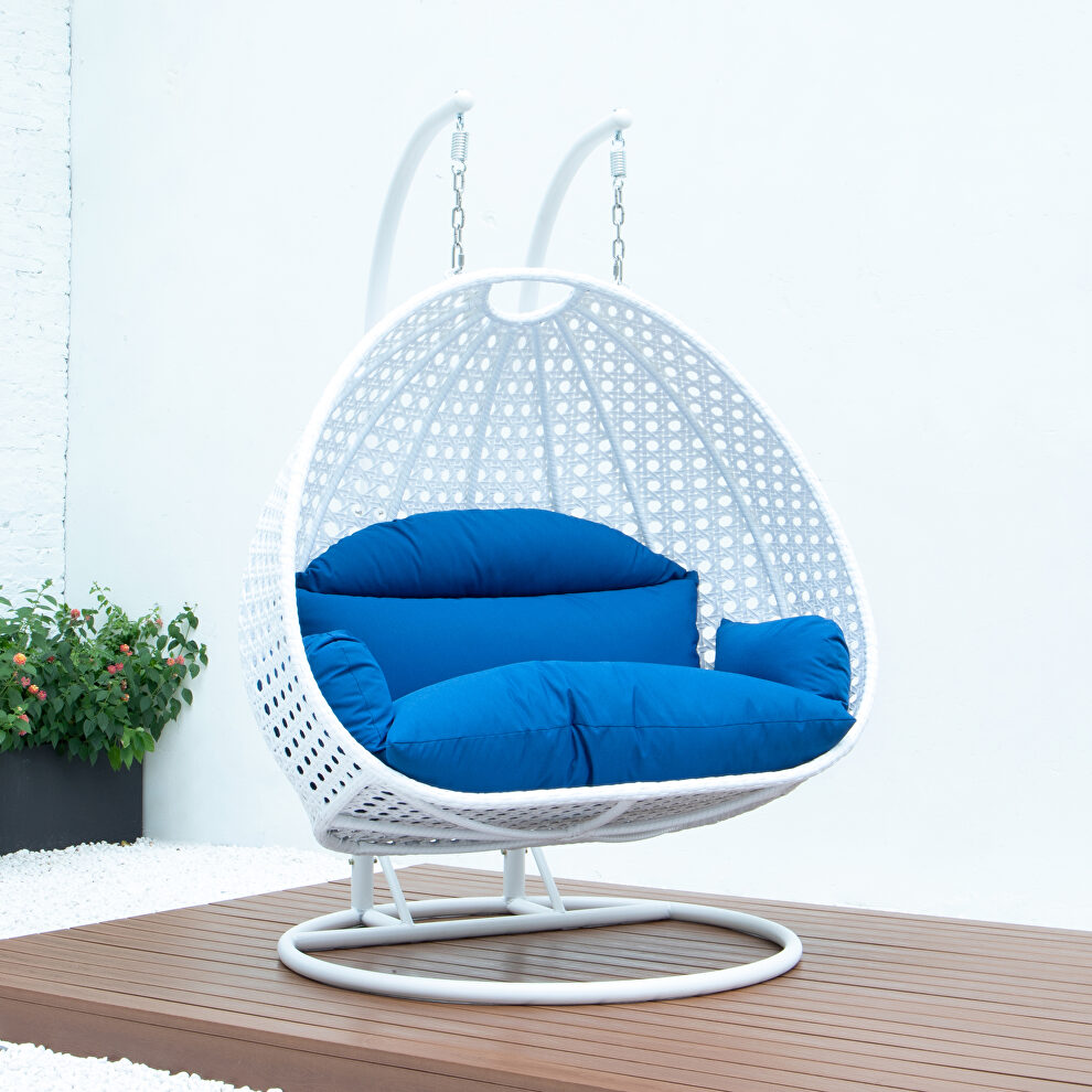 Blue wicker hanging double seater egg swing modern chair by Leisure Mod