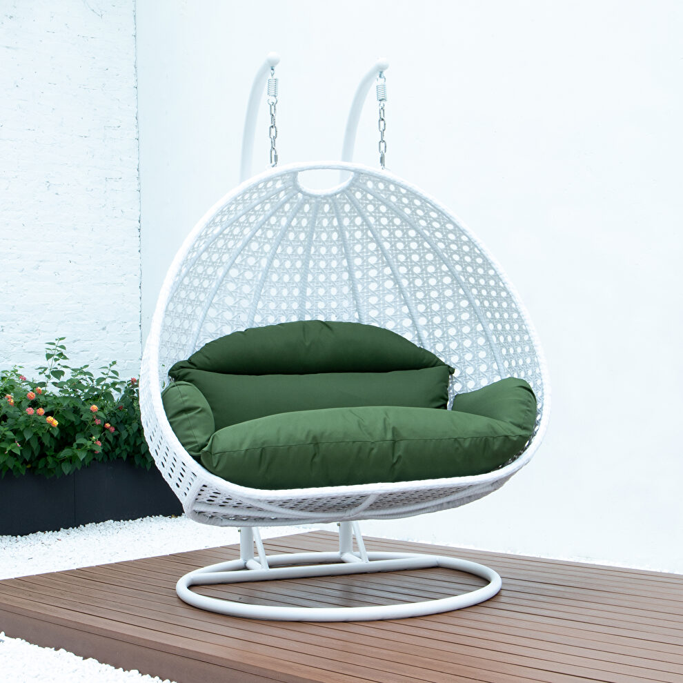 Dark green wicker hanging double seater egg swing modern chair by Leisure Mod