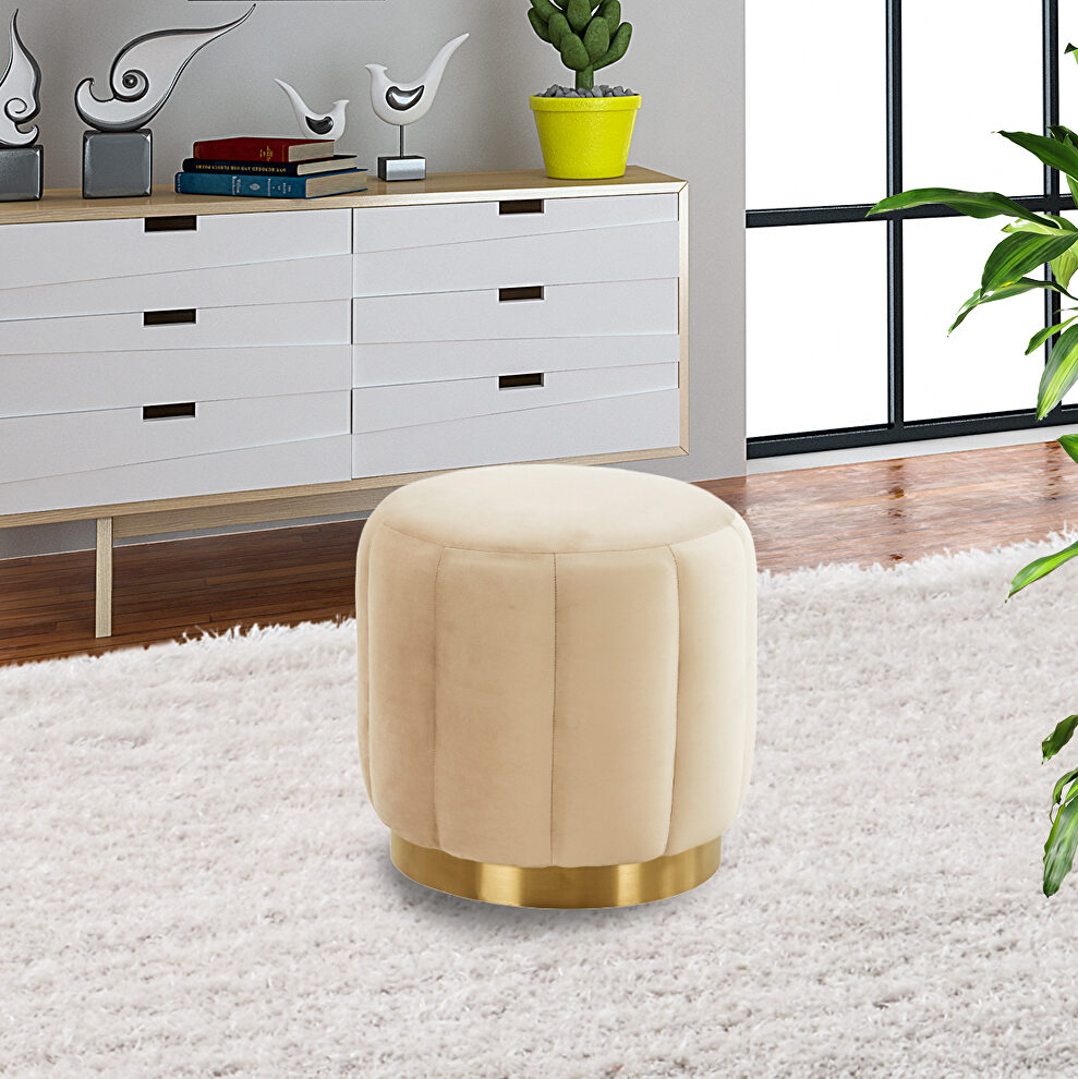 Beige velvet upholstery modern round ottoman by Leisure Mod