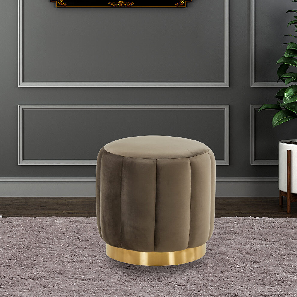 Dark gray velvet upholstery modern round ottoman by Leisure Mod