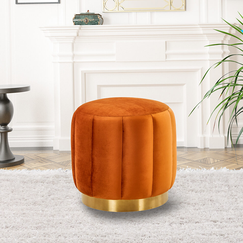 Orange marmalade velvet upholstery modern round ottoman by Leisure Mod