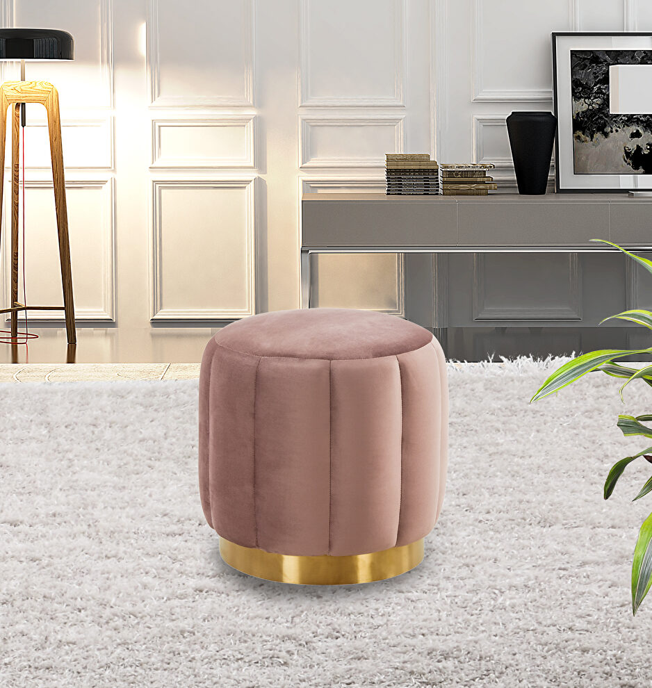 Pink velvet upholstery modern round ottoman by Leisure Mod