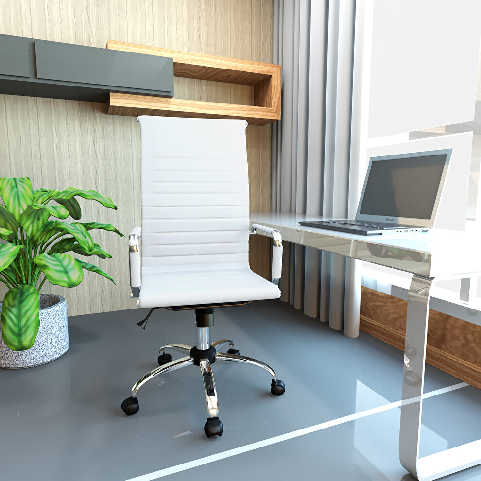White leatherette and steel frame high back design swivel office chair by Leisure Mod