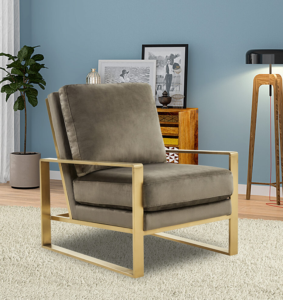 Beautiful gold legs and luxe soft cushions chair in dark gray by Leisure Mod