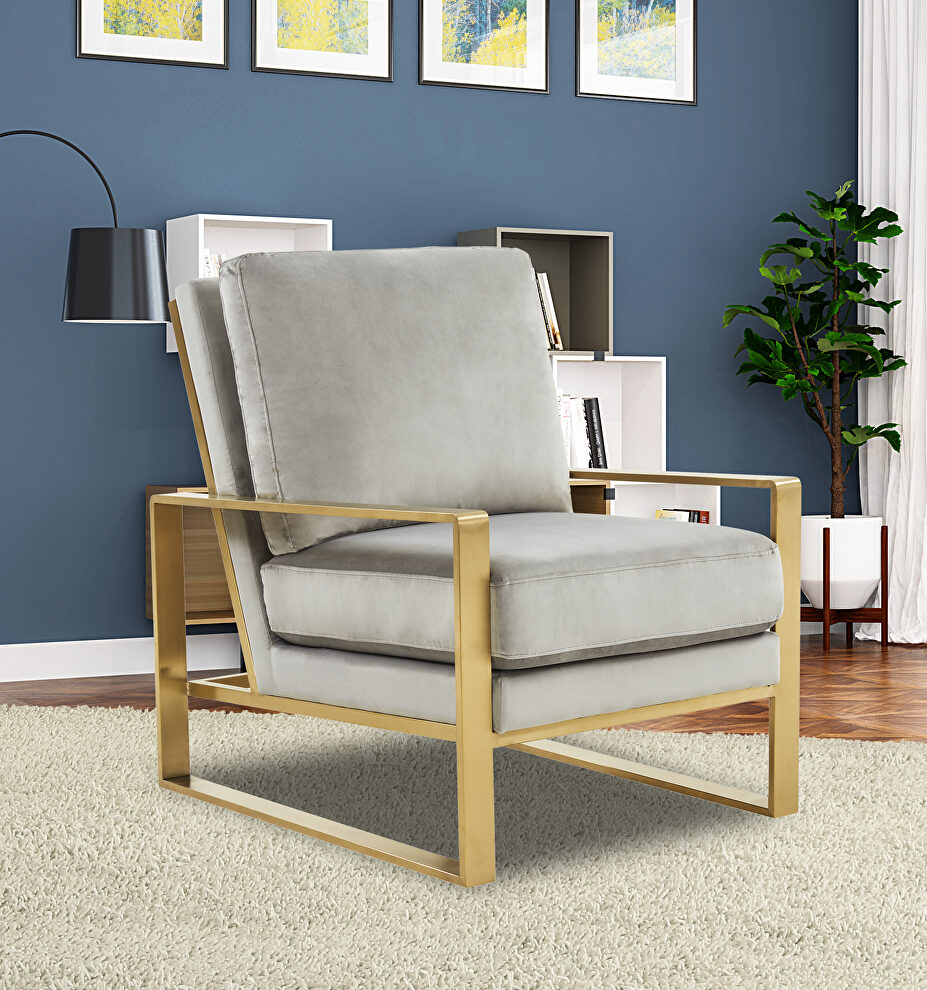 Beautiful gold legs and luxe soft cushions chair in light gray by Leisure Mod