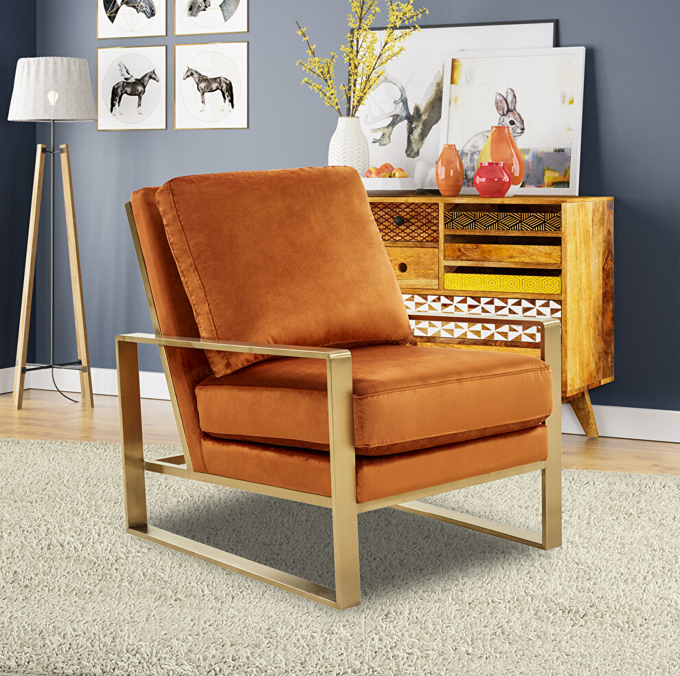 Beautiful gold legs and luxe soft cushions chair in orange marmalade by Leisure Mod