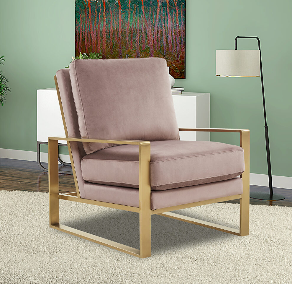 Beautiful gold legs and luxe soft cushions chair in pink by Leisure Mod
