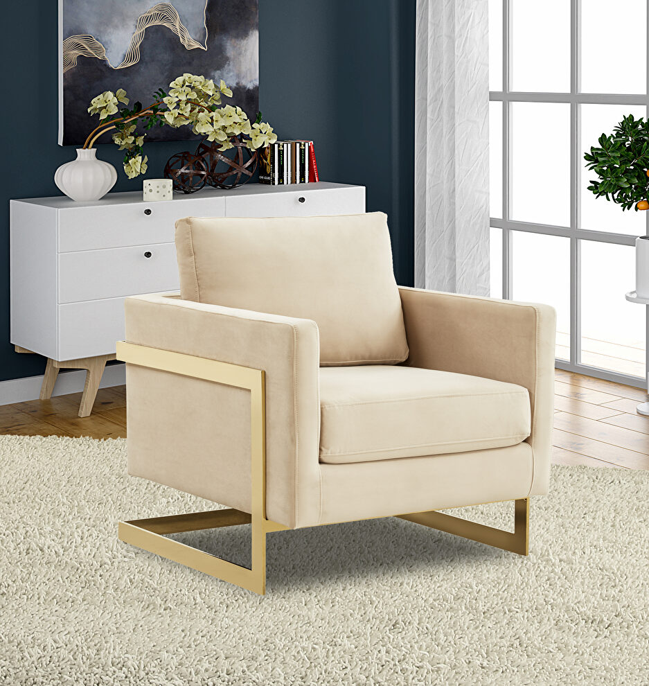 Beige elegant velvet chair w/ gold metal legs by Leisure Mod