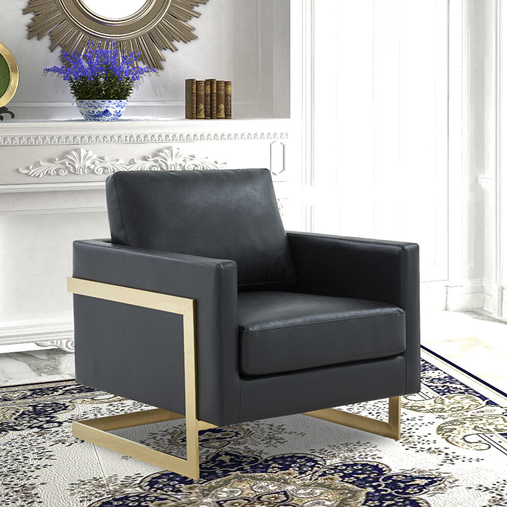 Black leather accent armchair with gold frame by Leisure Mod
