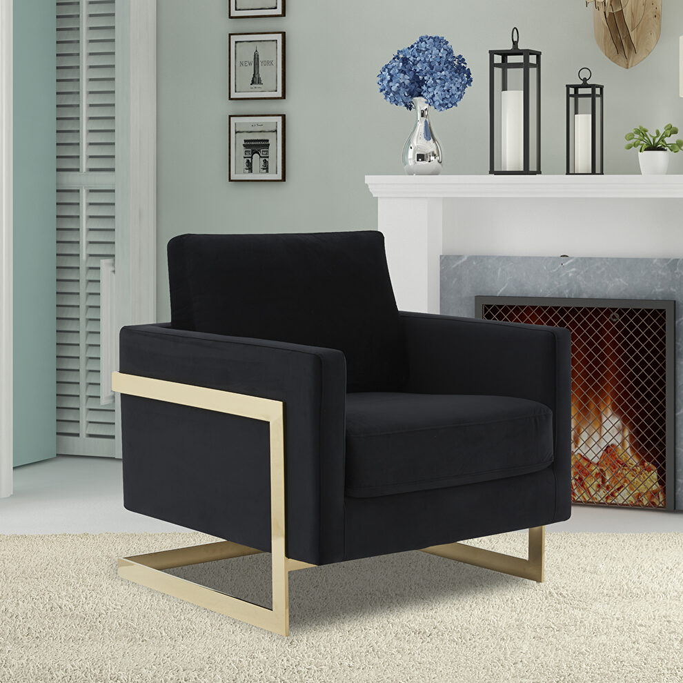 Midnight black velvet accent armchair with gold frame by Leisure Mod