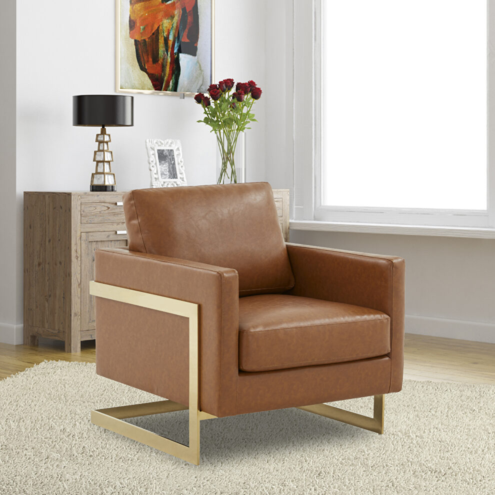 Cognac tan leather accent armchair with gold frame by Leisure Mod