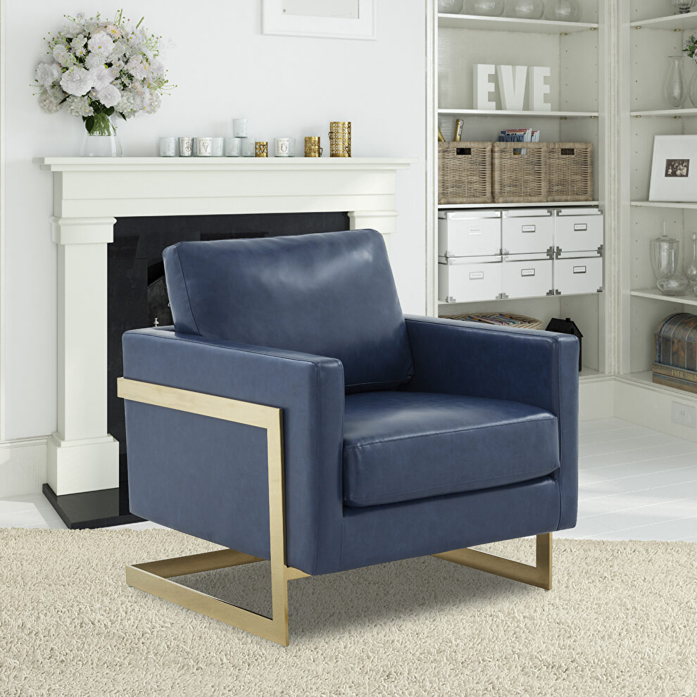 Navy blue leather accent armchair with gold frame by Leisure Mod