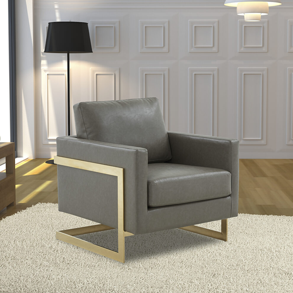 Gray leather accent armchair with gold frame by Leisure Mod