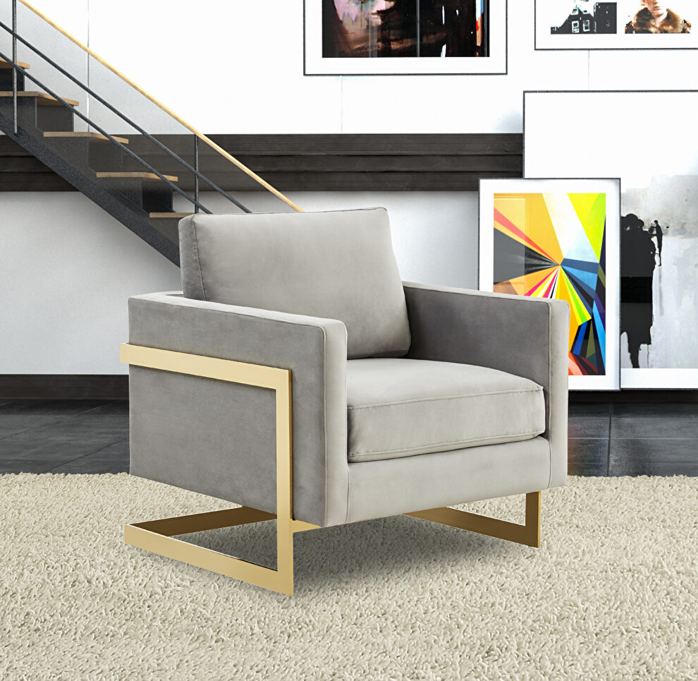 Light gray elegant velvet chair w/ gold metal legs by Leisure Mod