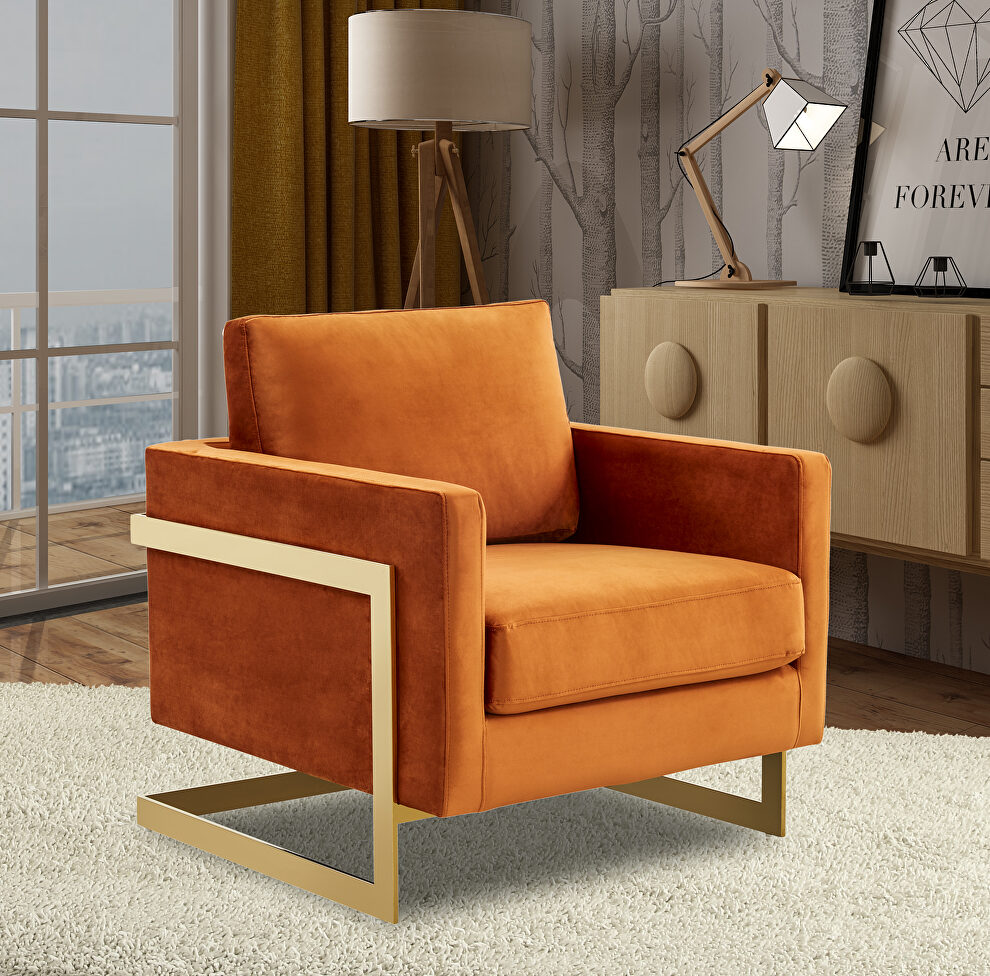 Orange marmalade elegant velvet chair w/ gold metal legs by Leisure Mod