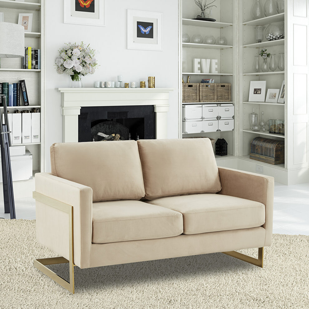Modern mid-century upholstered beige velvet loveseat with gold frame by Leisure Mod