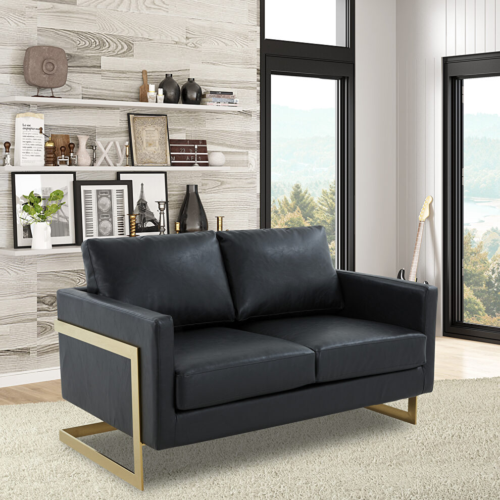 Modern mid-century upholstered black leather loveseat with gold frame by Leisure Mod