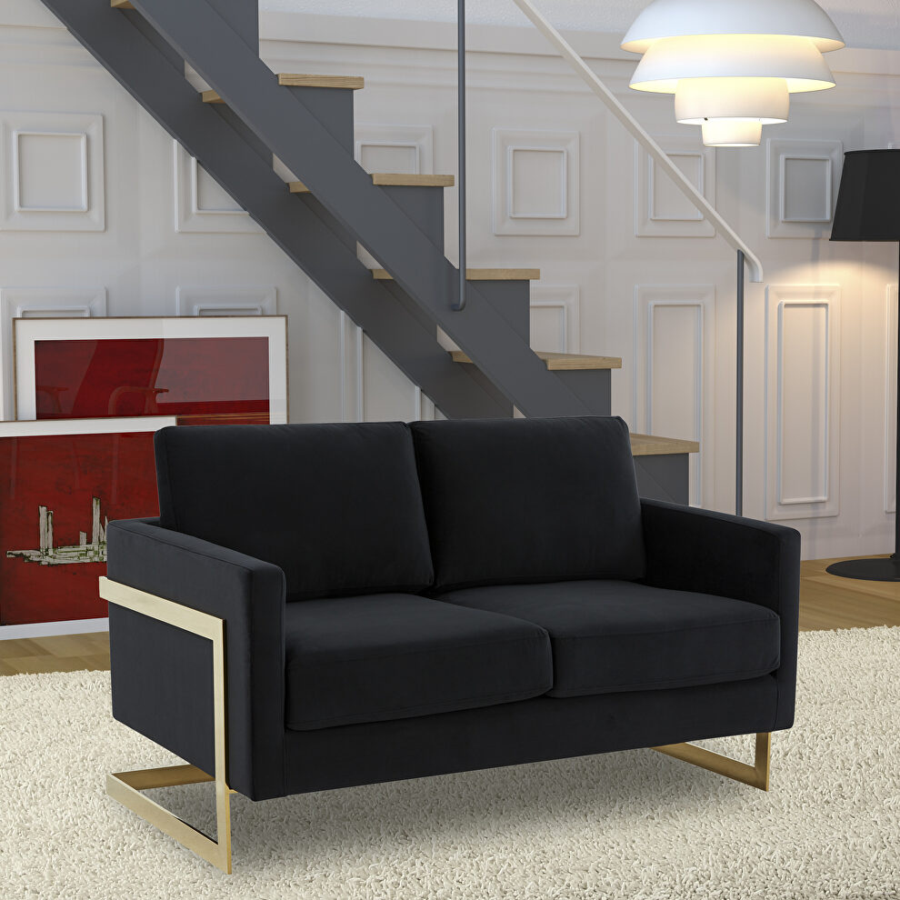 Modern mid-century upholstered  midnight black velvet loveseat with gold frame by Leisure Mod