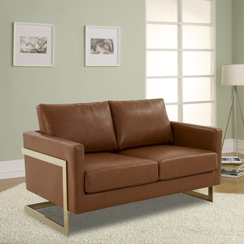 Modern mid-century upholstered cognac tan leather loveseat with gold frame by Leisure Mod