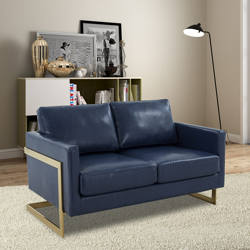 Modern mid-century upholstered navy blue leather loveseat with gold frame by Leisure Mod