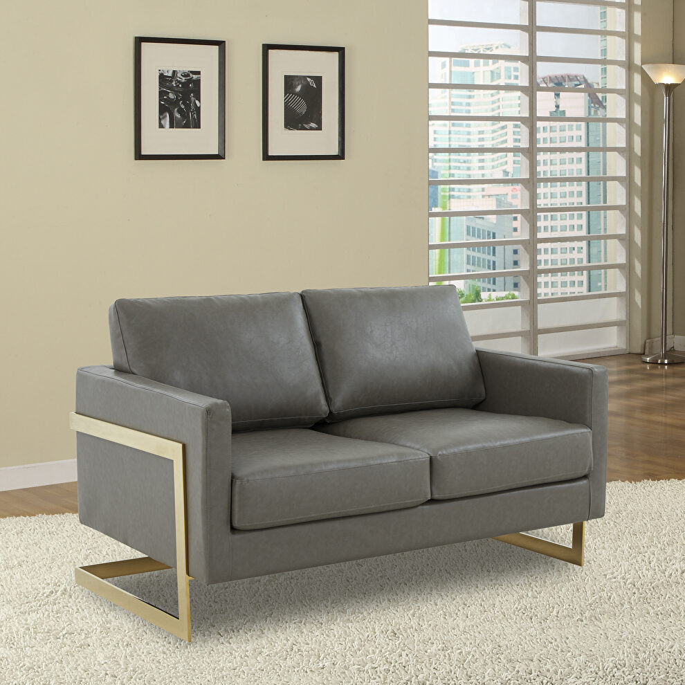 Modern mid-century upholstered gray leather loveseat with gold frame by Leisure Mod