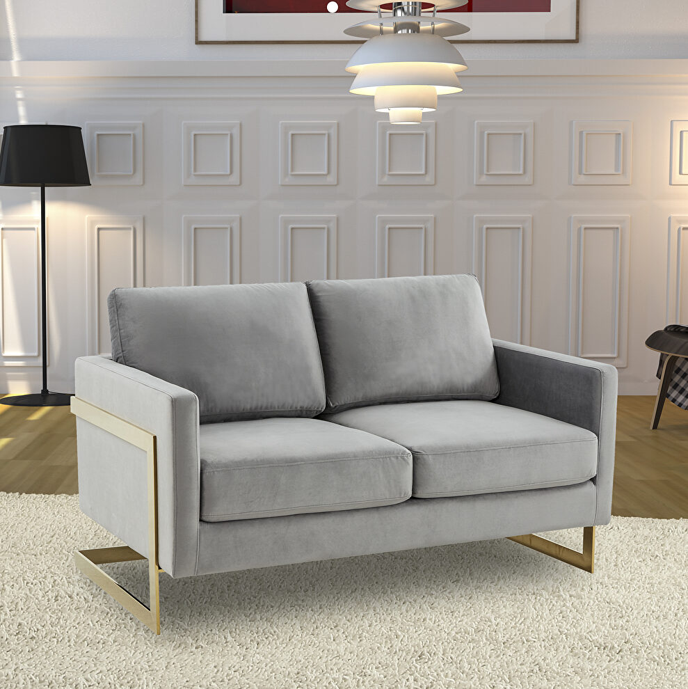 Modern mid-century upholstered light gray velvet loveseat with gold frame by Leisure Mod