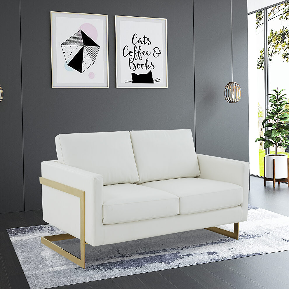 Modern mid-century upholstered white leather loveseat with gold frame by Leisure Mod