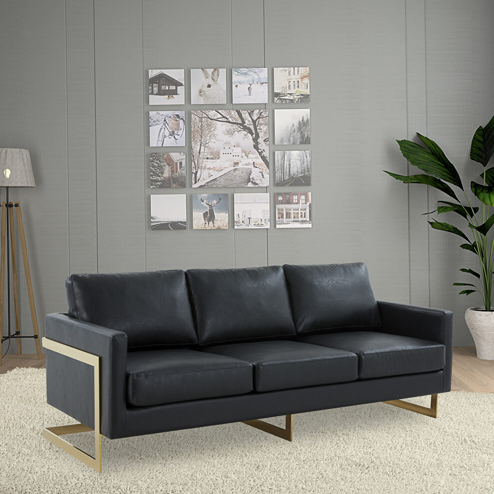 Modern mid-century upholstered black leather sofa with gold frame by Leisure Mod