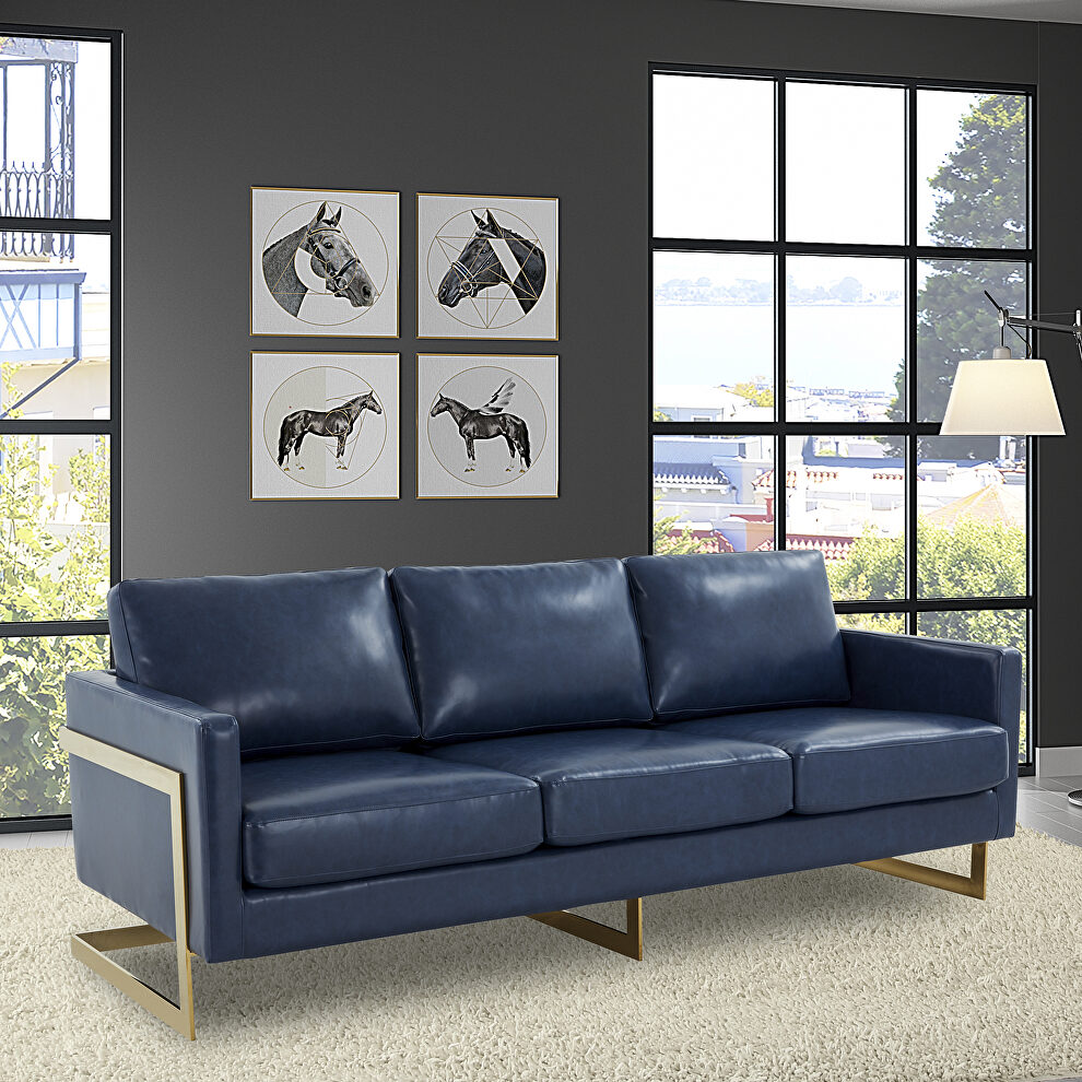 Modern mid-century upholstered navy blue leather sofa with gold frame by Leisure Mod