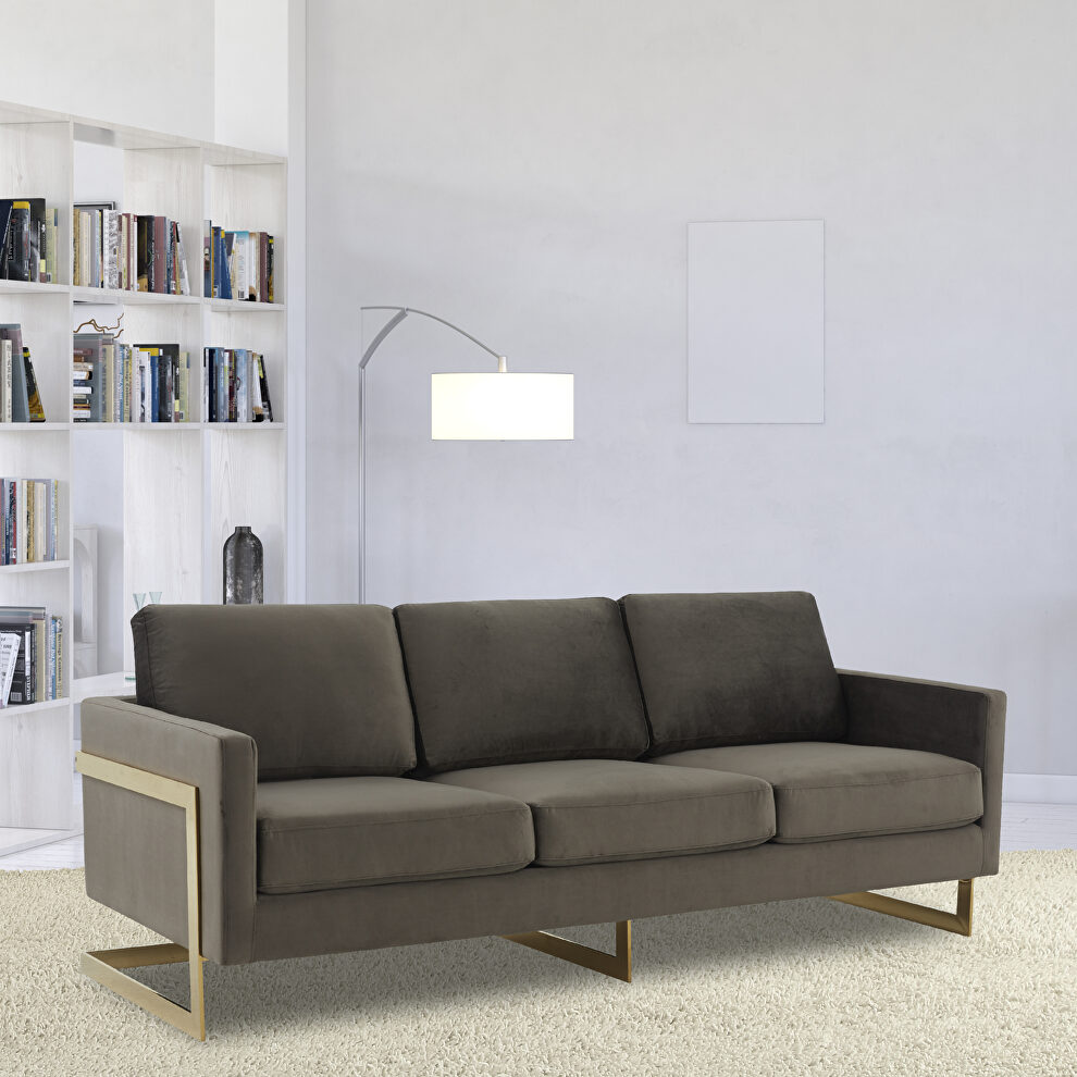 Modern mid-century upholstered dark gray velvet sofa with gold frame by Leisure Mod