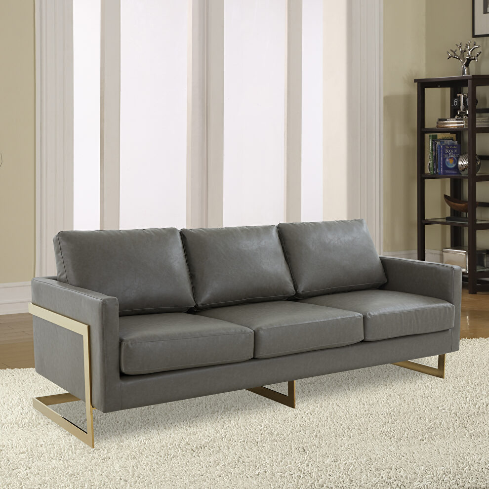 Modern mid-century upholstered gray leather sofa with gold frame by Leisure Mod