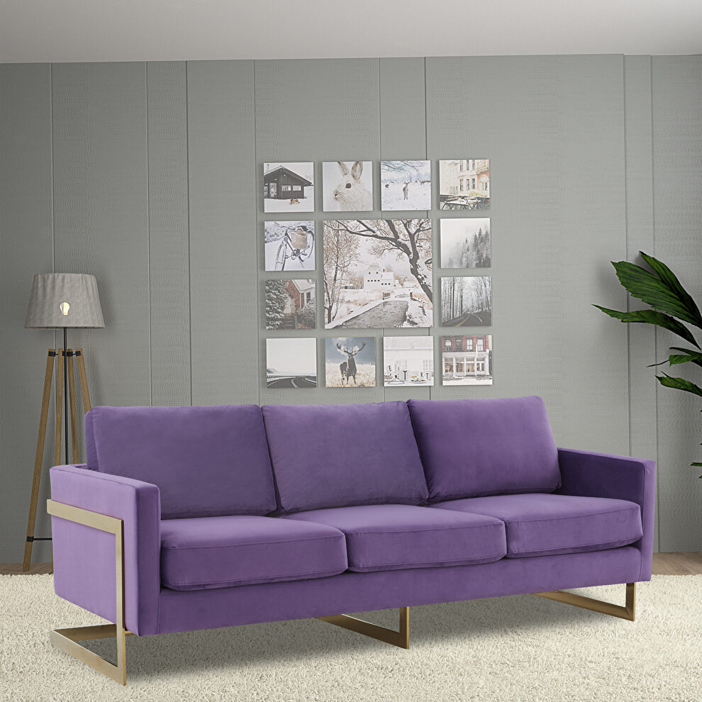 Modern mid-century upholstered purple velvet sofa with gold frame by Leisure Mod