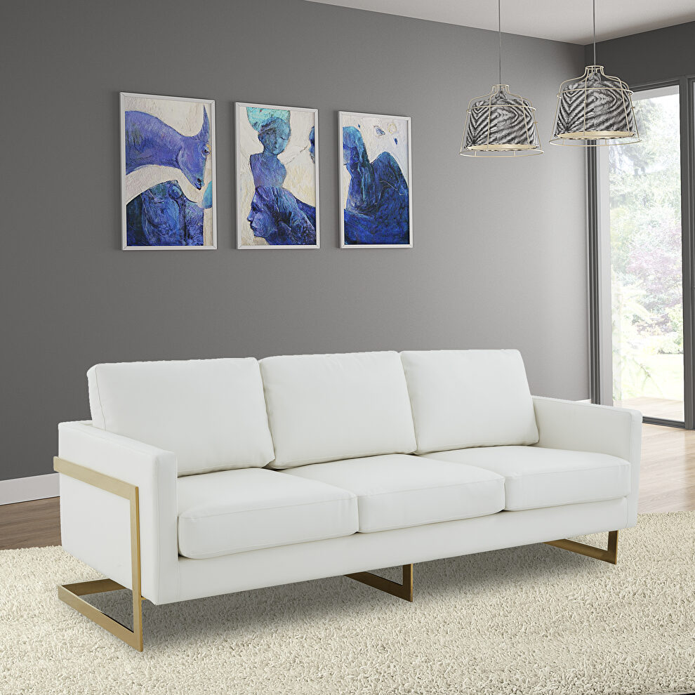 Modern mid-century upholstered white leather sofa with gold frame by Leisure Mod