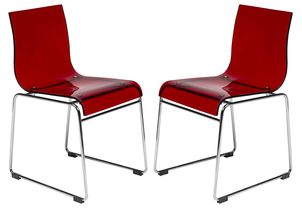 Chrome-finished steel frame and transparent red seat dining chair/ set of 2 by Leisure Mod