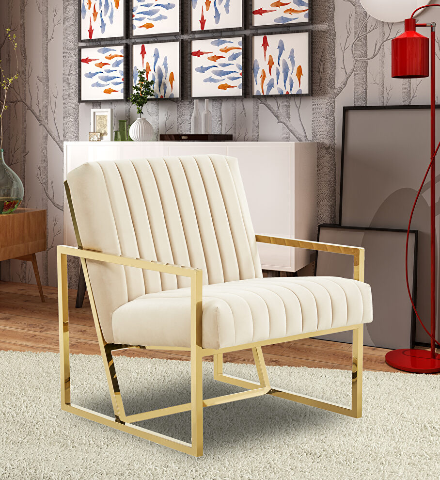Beige soft tufted velvet fabric accent chair by Leisure Mod