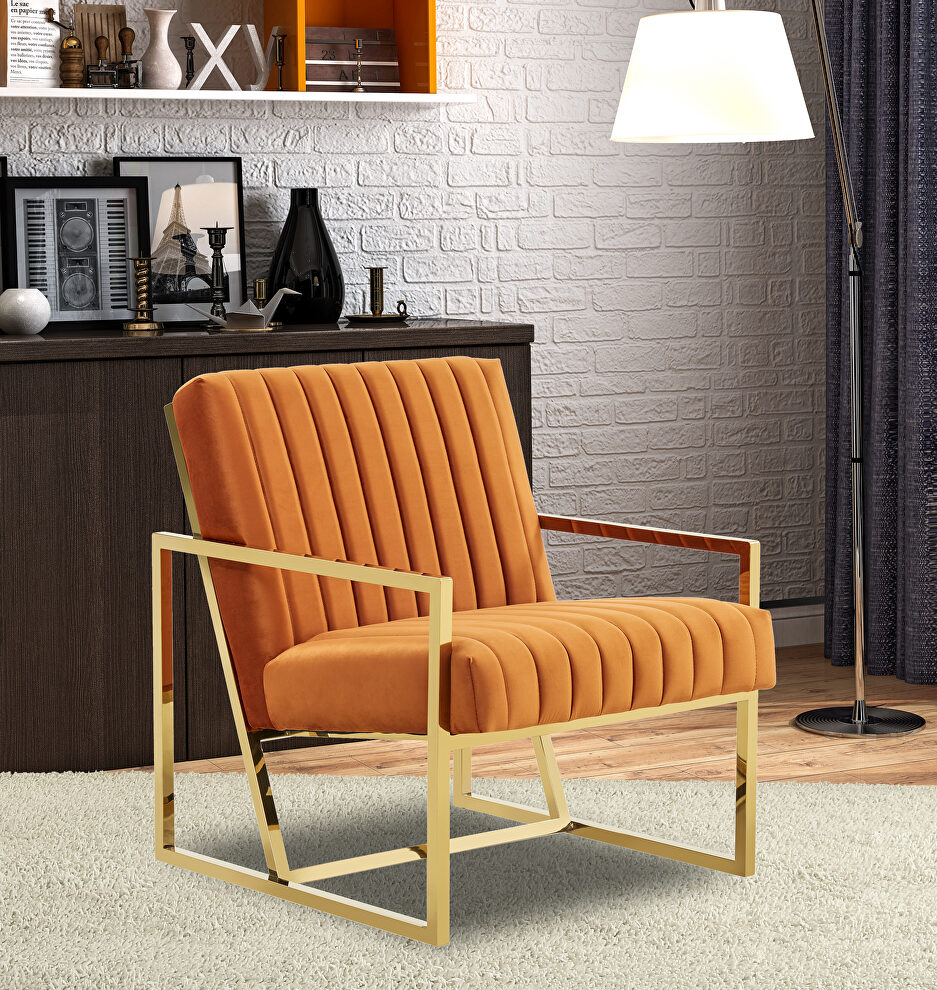 Orange marmalade soft tufted velvet fabric accent chair by Leisure Mod