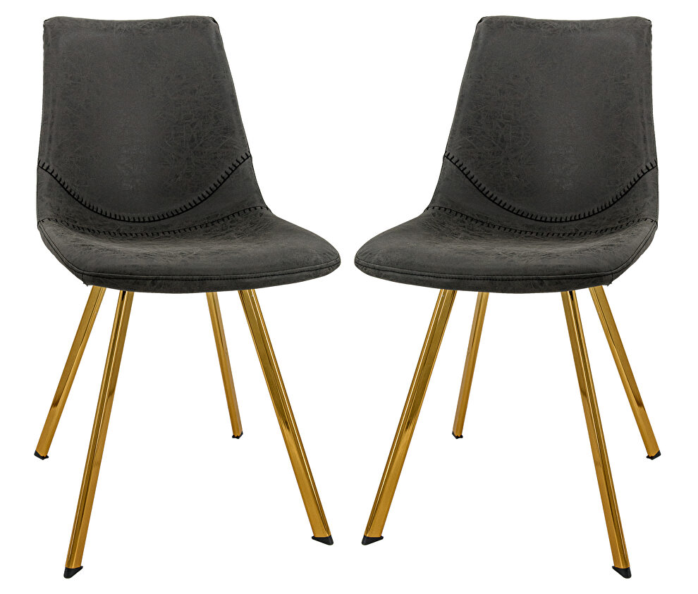 Charcoal leather dining chair with gold metal legs/ set of 2 by Leisure Mod
