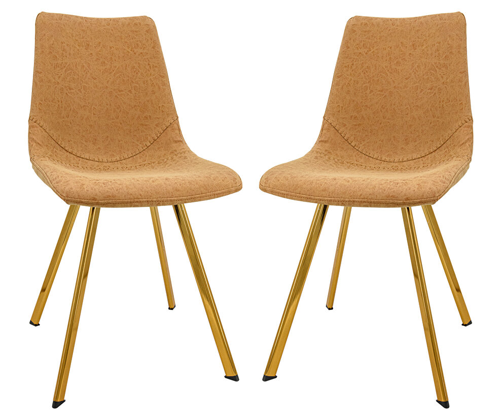 Light brown leather dining chair with gold metal legs/ set of 2 by Leisure Mod