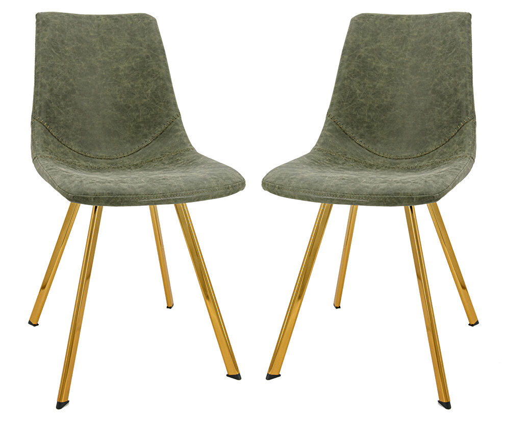 Olive green leather dining chair with gold metal legs/ set of 2 by Leisure Mod