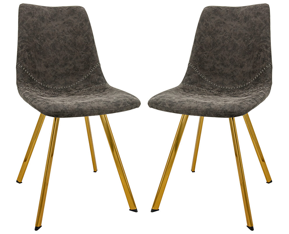 Gray leather dining chair with gold metal legs/ set of 2 by Leisure Mod