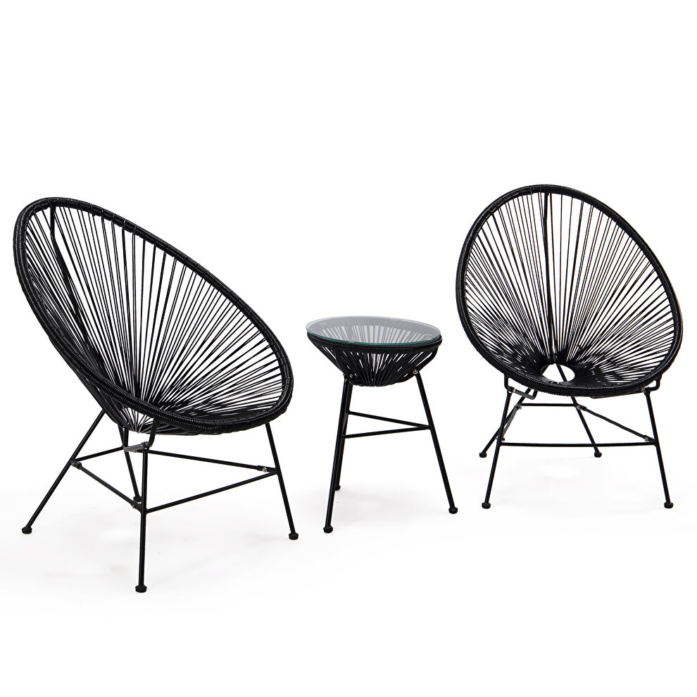 Black finish 3 piece outdoor lounge patio chairs with glass top table by Leisure Mod