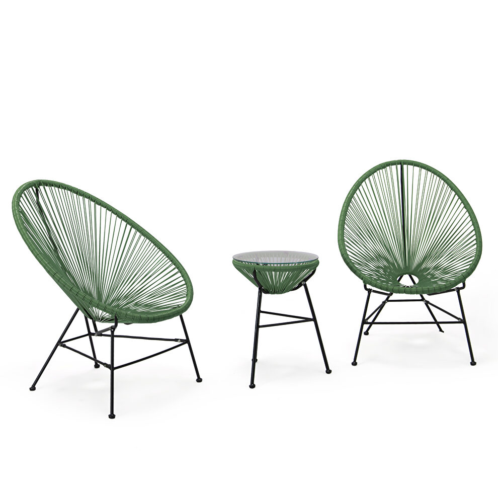 Dark green finish 3 piece outdoor lounge patio chairs with glass top table by Leisure Mod