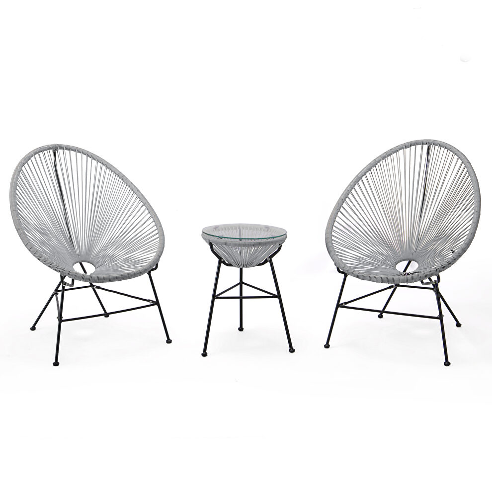 Gray finish 3 piece outdoor lounge patio chairs with glass top table by Leisure Mod