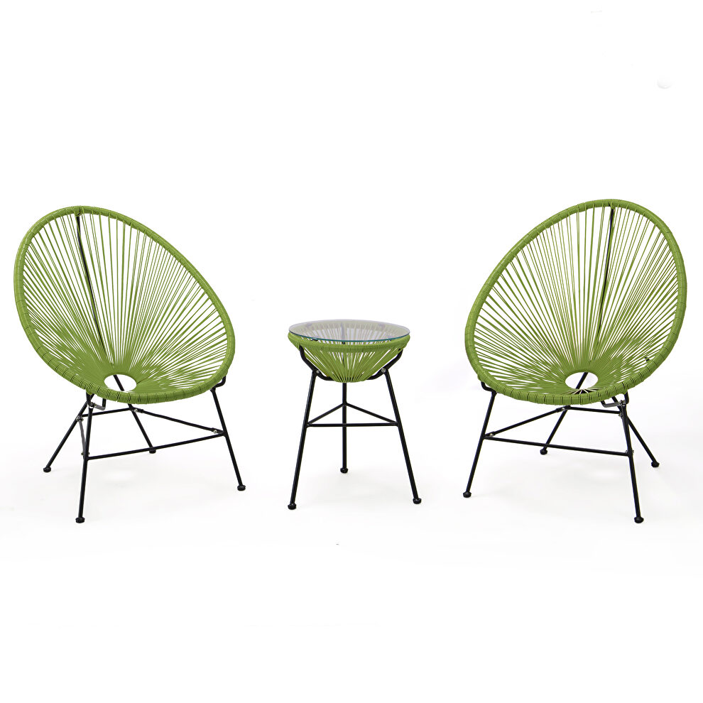 Light green finish 3 piece outdoor lounge patio chairs with glass top table by Leisure Mod