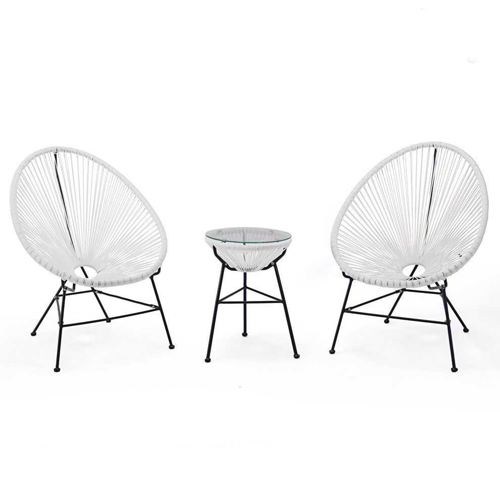 White finish 3 piece outdoor lounge patio chairs with glass top table by Leisure Mod