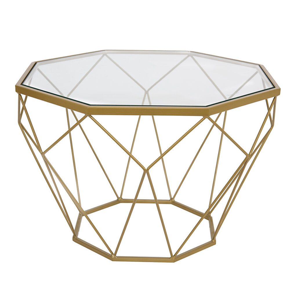 Tempered glass top and gold geometric base coffee table by Leisure Mod