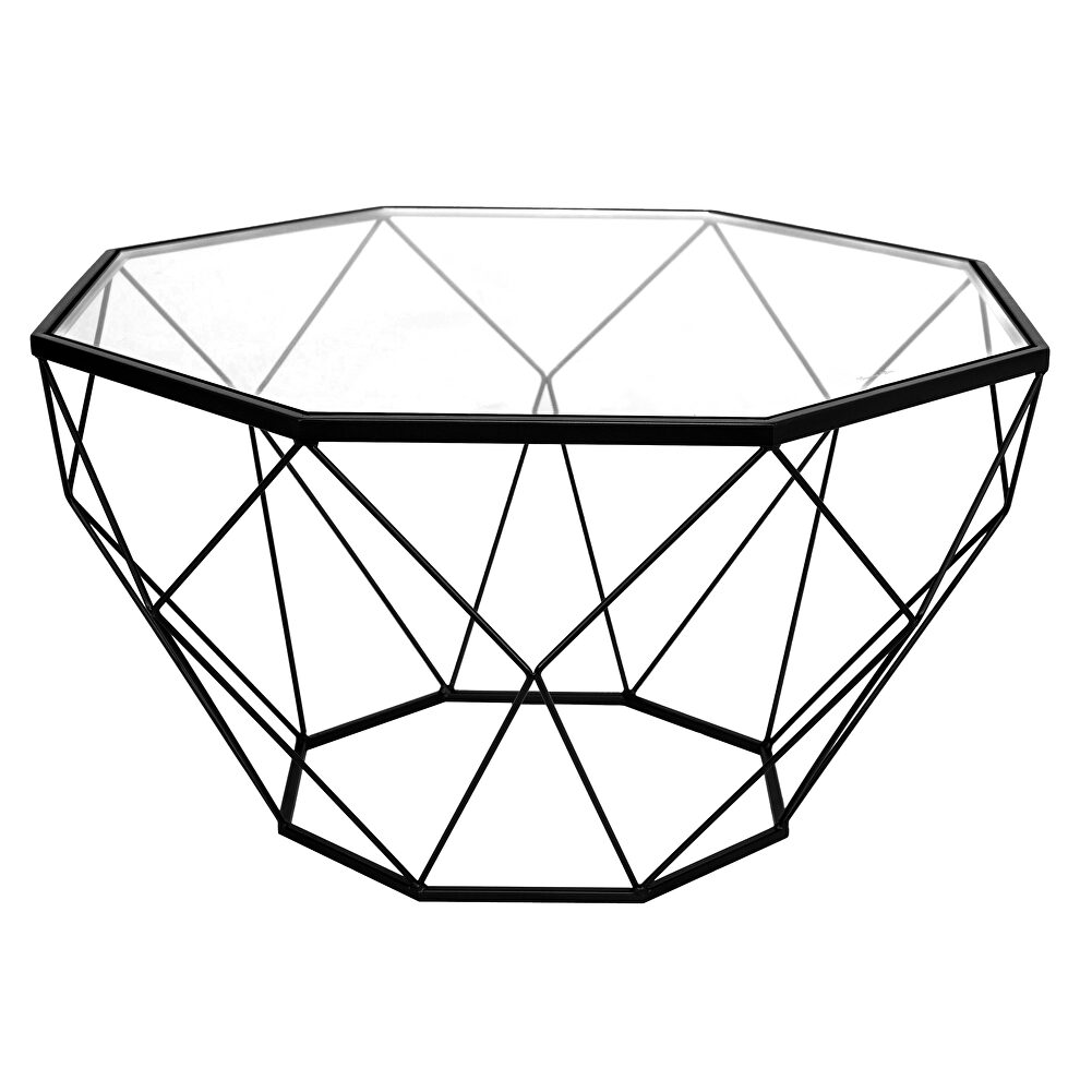 Tempered glass top and geometric black metal base coffee table by Leisure Mod