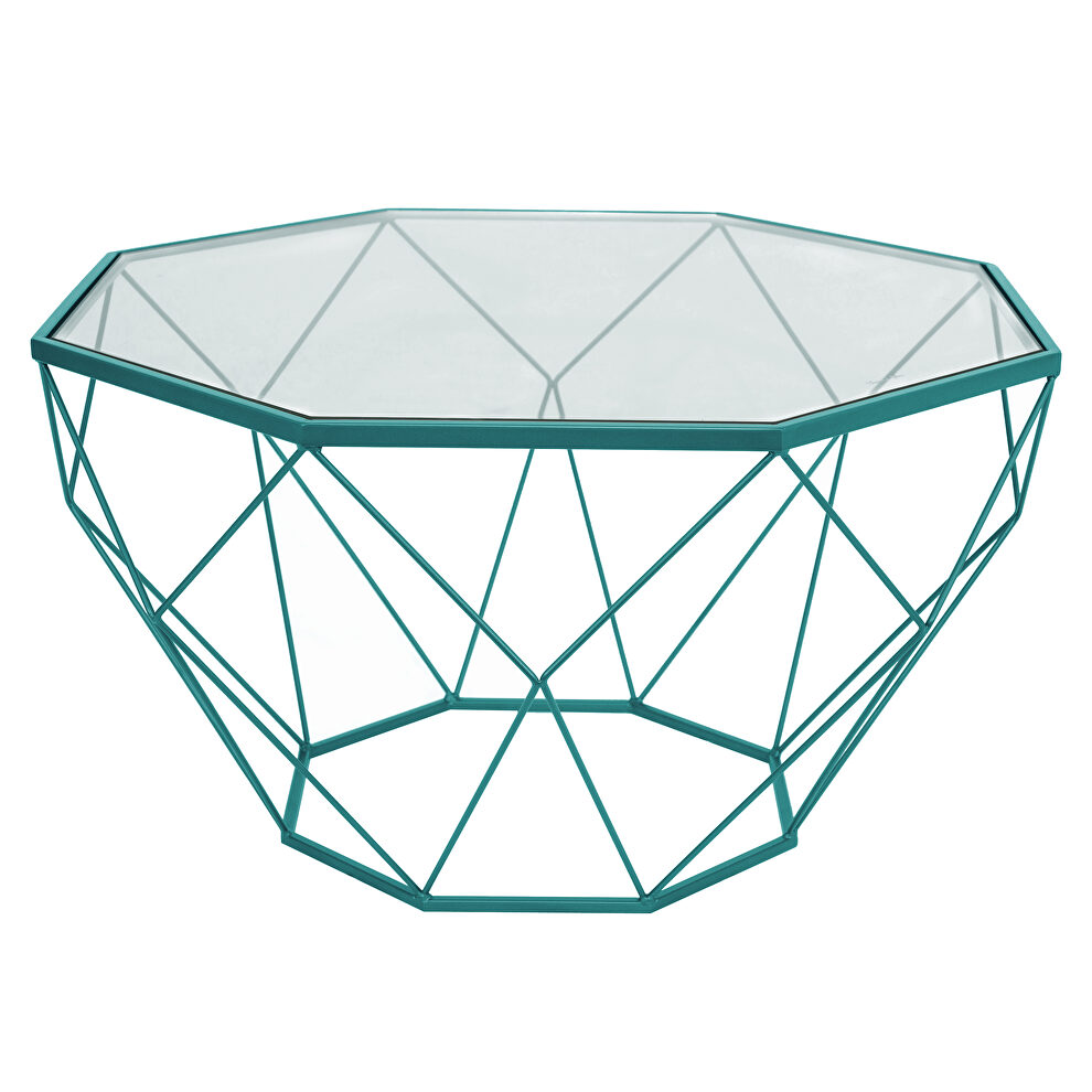 Tempered glass top and geometric blue metal base coffee table by Leisure Mod